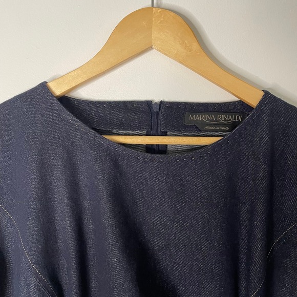 Marina Rinaldi‎ Dress 16 Denim Blue Midi Asymmetrical Ruffle Italy Quiet Luxury - Picture 4 of 10